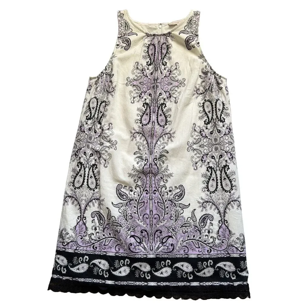Loft Linen Blend Sleeveless Dress Womens Size 10 Cream Purple Lace Trim Paisley